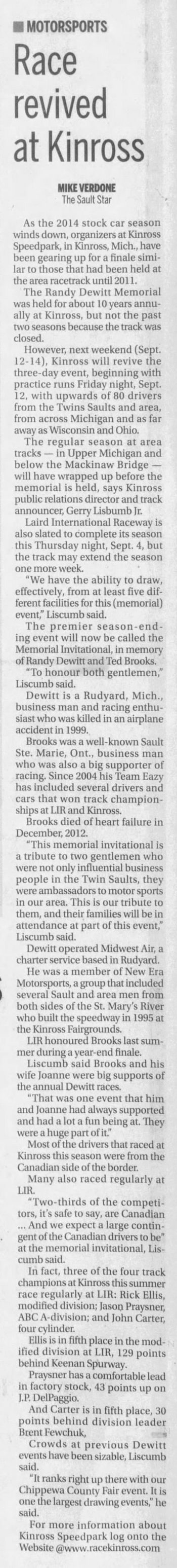 Sep 03 2014 article Kinross Speedpark, Kinross